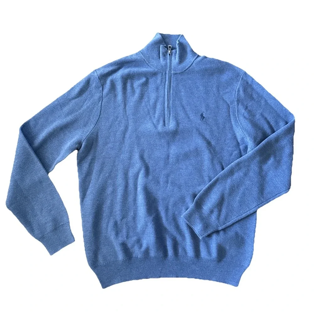 Polo Ralph Lauren Quarter Zip Men Large Blue Cotton Pony Logo Pullover
